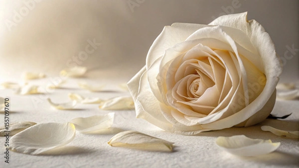 Fototapeta Elegant White Rose with Scattered Petals Bathed in Soft Light