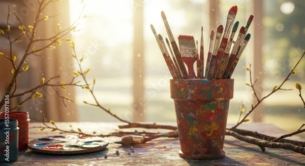 Obraz Colorful Paintbrushes in Decorated Pot with Palette on Table by Sunny Window