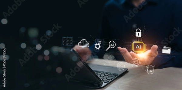 Fototapeta Smart businessmen study, learn, analyze and find information about trends and directions of industrial machinery marketing business through AI technology, artificial intelligence for the future.