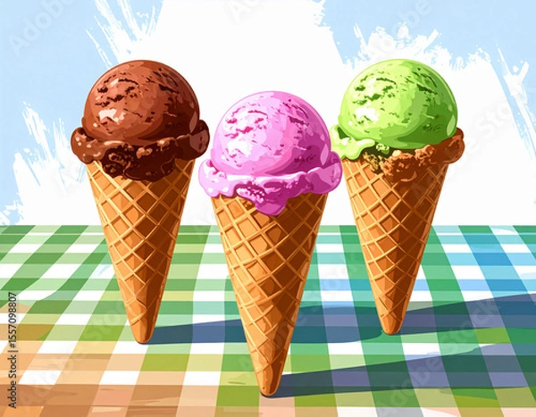 Fototapeta Three scoops of delicious ice cream, chocolate, strawberry, and mint, served in crispy waffle cones, sit on a checkered tablecloth.