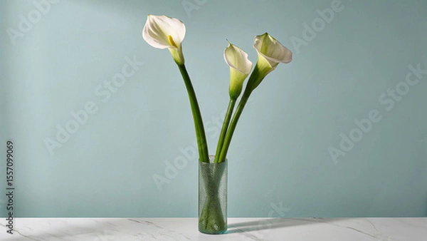 Fototapeta Elegant Calla Lilies in a Clear Glass Vase on a White Surface Against a Blue Background