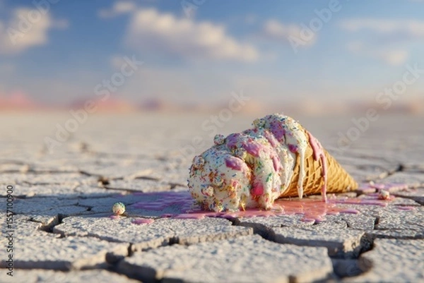 Obraz Melting ice cream on cracked desert floor, surreal metaphor of climate change and rising temperatures, colorful artistic style.