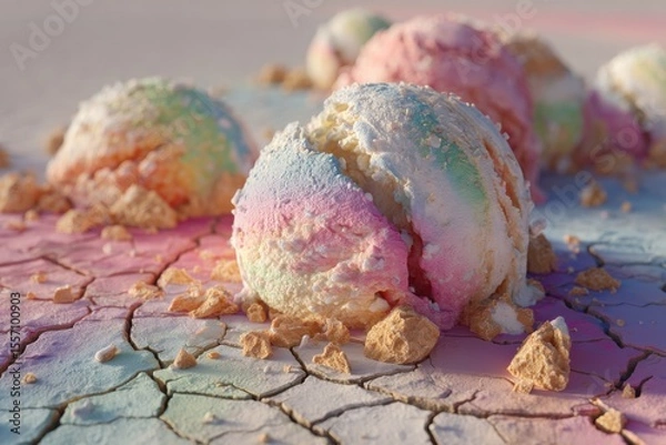 Obraz Melting ice cream on cracked desert floor, surreal metaphor of climate change and rising temperatures, colorful artistic style.