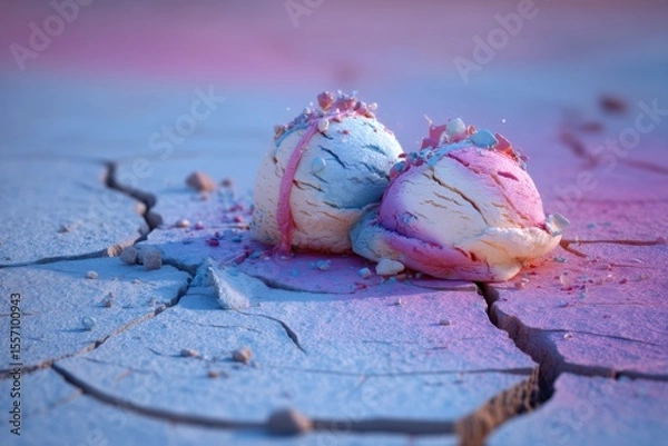 Obraz Melting ice cream on cracked desert floor, surreal metaphor of climate change and rising temperatures, colorful artistic style.