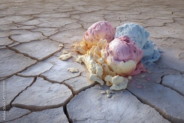 Obraz Melting ice cream on cracked desert floor, surreal metaphor of climate change and rising temperatures, colorful artistic style.