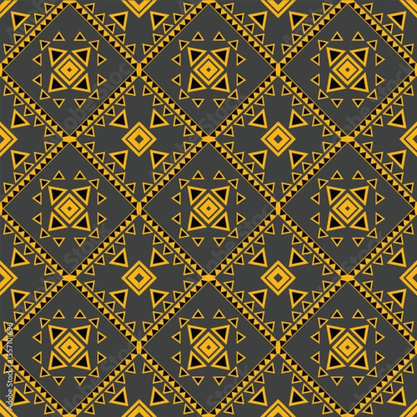 Fototapeta Geometric Seamless Pattern With Yellow Triangles And Diamonds On Dark Grey. fabric pattern
