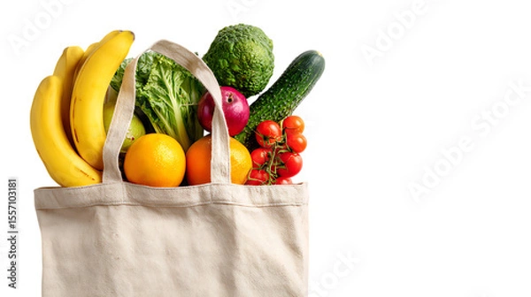 Fototapeta Grocery bag with fresh fruits and vegetables on a white background, top view. Concept of healthy eating or a food delivery service.