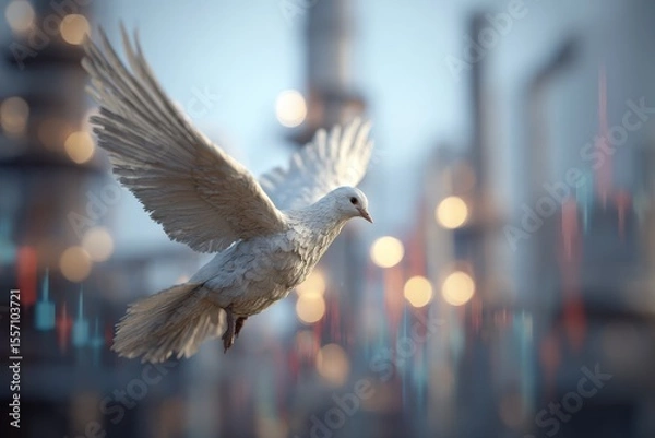 Obraz Middle East peace dove flying over oil fields and stock exchange screen, symbolic ceasefire image.