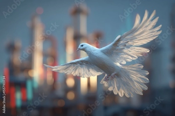 Obraz Middle East peace dove flying over oil fields and stock exchange screen, symbolic ceasefire image.