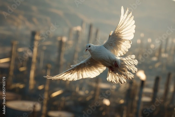 Obraz Middle East peace dove flying over oil fields and stock exchange screen, symbolic ceasefire image.