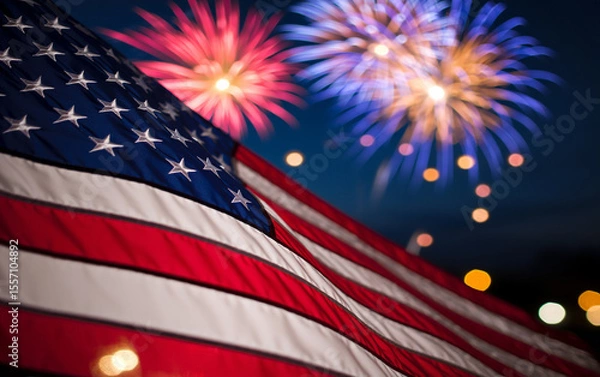 Obraz American flag waves proudly against a backdrop of festive fireworks
