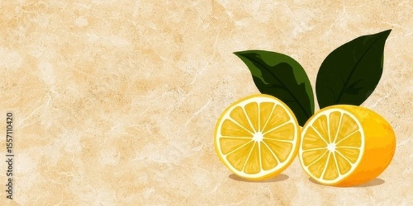 Fototapeta Two lemon halves with green leaves on a beige background. The lemons are bright yellow, juicy and segmented, while the leaves are dark green and vibrant. The background is a light beige.