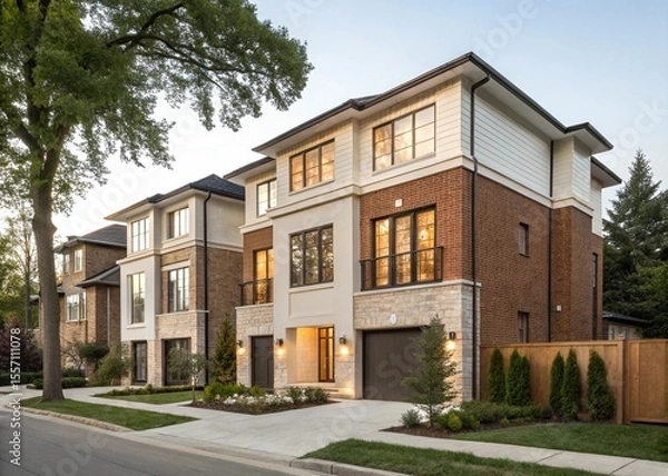 Fototapeta A modern townhouse with a clean architectural design, two to three stories high, featuring large windows, a brick or wood façade, and a small front yard or garden.