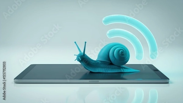 Obraz Slowtech concept featuring a snail on a tablet symbolizing slow internet connection
