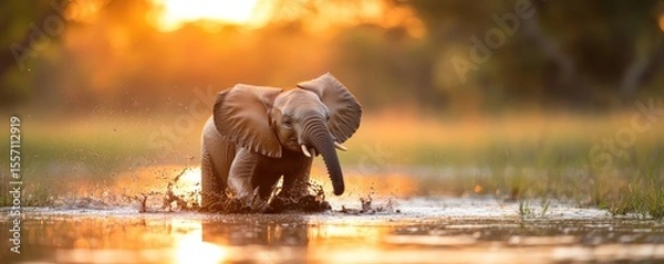 Obraz Elephant calf playing in puddle at sunset