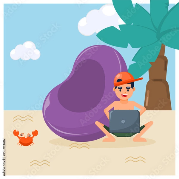 Fototapeta Digital nomad man working in the beach with laptop, friends with crab