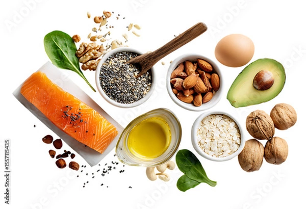Fototapeta A healthy food concept with vegetables, fruits, and nuts on a white background, top view.