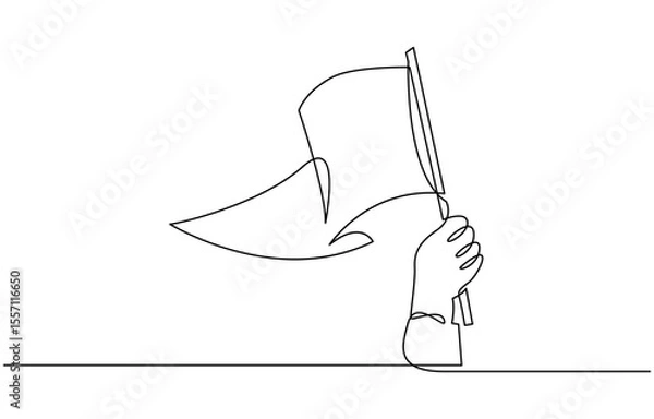 Fototapeta Continuous single line sketch drawing of hand holding flag show success, Hand holds flag in single line illustration.