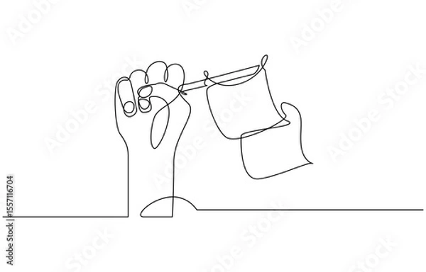 Fototapeta Continuous single line sketch drawing of hand holding flag show success, Hand holds flag in single line illustration.