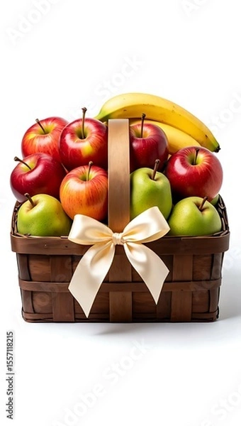 Fototapeta A beautifully arranged woven basket filled with fresh red and green apples and yellow bananas tied with a cream ribbon