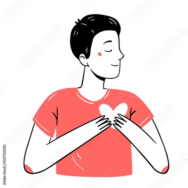 Obraz Young man with a heart in his hands in a simple linear doodle style. isolated illustration.