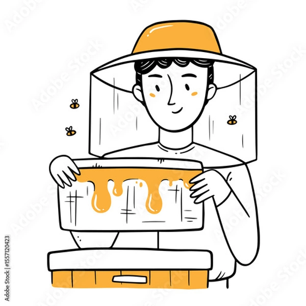 Obraz Man beekeeper takes out a honeycomb from a hive with bees. Isolated illustration in doodle style.