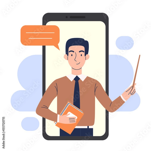 Obraz Online education on a smartphone. A man teacher conducts a lesson on a smartphone. Online learning concept.