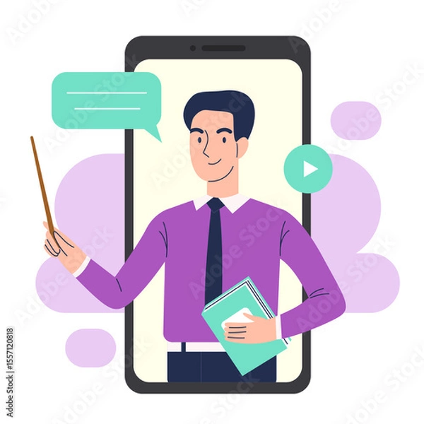 Obraz Online education on a smartphone. A man teacher conducts a lesson on a smartphone. Online learning concept.