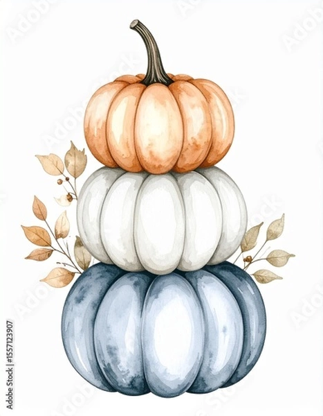 Fototapeta Autumn pumpkins stacked together, ornage, black and white Halloween color, cosy fall watercolor illustration on a plain white background
