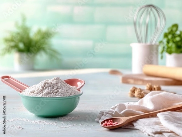 Obraz Flour measuring bowl on kitchen surface