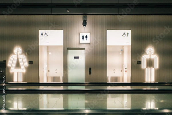 Obraz Seoul, South Korea - 16 may 2025 Toilets icon. Public restroom signs with a disabled access symbol. Interior of airport terminal