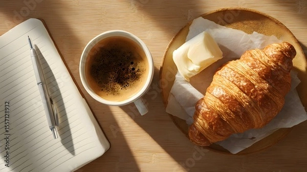 Obraz Artisan Coffee and Cake Scene flat lay Artisan Coffee and Cake with espresso Artisan Coffee and Cake for morning mood