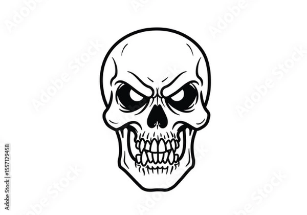 Fototapeta Angry skull drawing. It is a black and white outline image of a grim cranium with furrowed brows and bared teeth, conveying intense rage. Vector sketch line art draw.