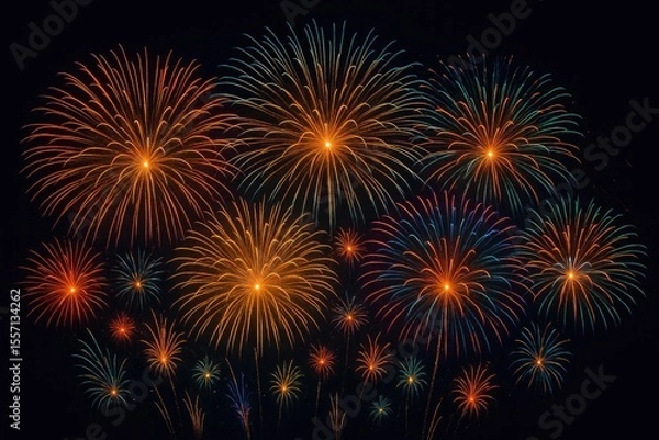 Fototapeta Spectacular vibrant fireworks display for festive celebration night, showcasing a colorful explosion in the evening sky