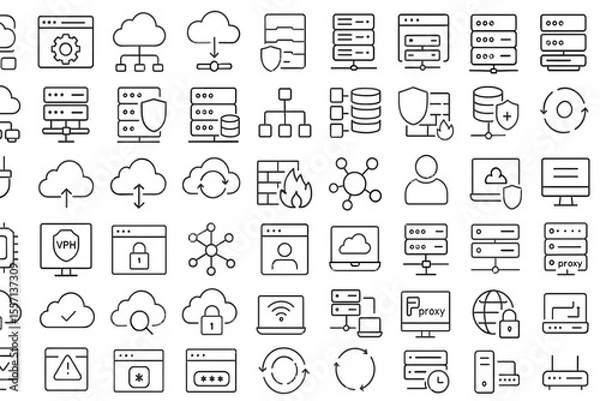 Fototapeta Set of 50 line icons related to data center, cloud, computing, hosting, server, firewall, cyber, proxy, gateway, Editable stroke.