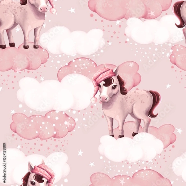 Fototapeta Cute Pink Ponies on Clouds, Seamless Pattern