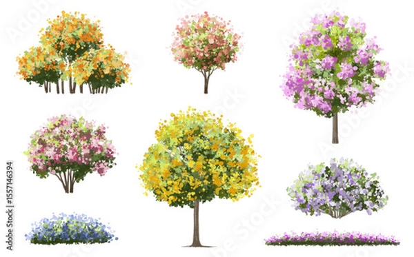 Fototapeta  Vector watercolor blooming flower tree or forest side view isolated on white background for landscape and architecture drawing,elements for environment or and garden,green tree for garden section 