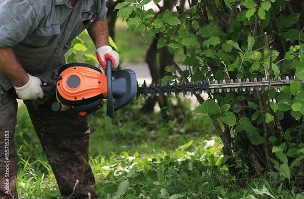 Fototapeta a gardener uses a saw to level a hedge in a landscape design