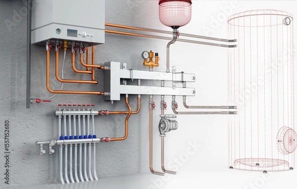 Obraz Layout of Industrial Boiler Room Interior with Pipes, Valves, Machinery and Heating System Equipment, 3D Rendering, wireframe