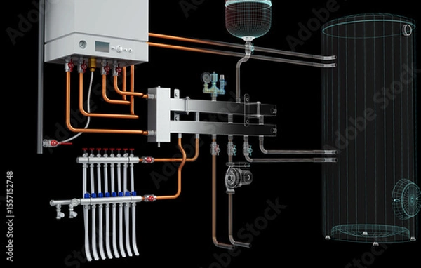 Fototapeta Layout of Industrial Boiler Room Interior with Pipes, Valves, Machinery and Heating System Equipment, 3D Rendering, wireframe