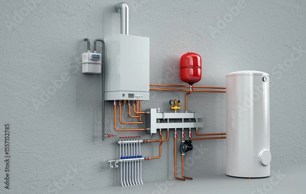 Obraz 3D Rendering of Industrial Boiler Room Interior with Pipes, Valves, Machinery and Heating System Equipment