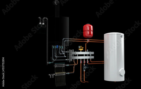 Fototapeta Layout of Industrial Boiler Room Interior with Pipes, Valves, Machinery and Heating System Equipment, 3D Rendering, wireframe