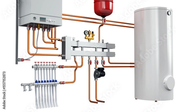 Obraz 3D Rendering of Industrial Boiler Room Interior with Pipes, Valves, Machinery and Heating System Equipment