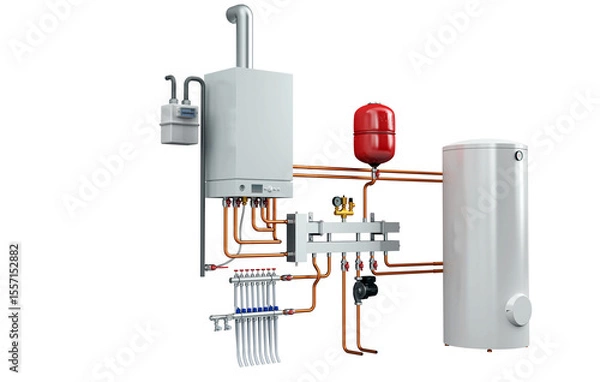 Fototapeta 3D Rendering of Industrial Boiler Room Interior with Pipes, Valves, Machinery and Heating System Equipment