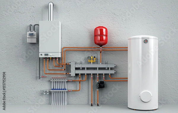 Obraz 3D Rendering of Industrial Boiler Room Interior with Pipes, Valves, Machinery and Heating System Equipment