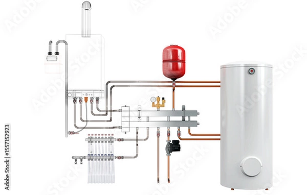 Fototapeta Layout of Industrial Boiler Room Interior with Pipes, Valves, Machinery and Heating System Equipment, 3D Rendering, wireframe
