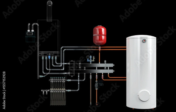Fototapeta Layout of Industrial Boiler Room Interior with Pipes, Valves, Machinery and Heating System Equipment, 3D Rendering, wireframe