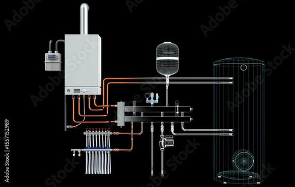 Fototapeta Layout of Industrial Boiler Room Interior with Pipes, Valves, Machinery and Heating System Equipment, 3D Rendering, wireframe