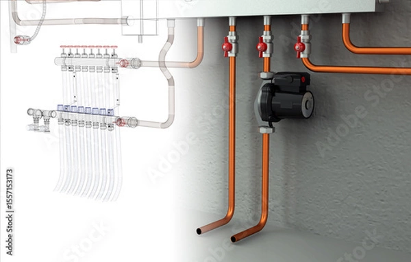 Fototapeta Layout of Industrial Boiler Room Interior with Pipes, Valves, Machinery and Heating System Equipment, 3D Rendering, wireframe