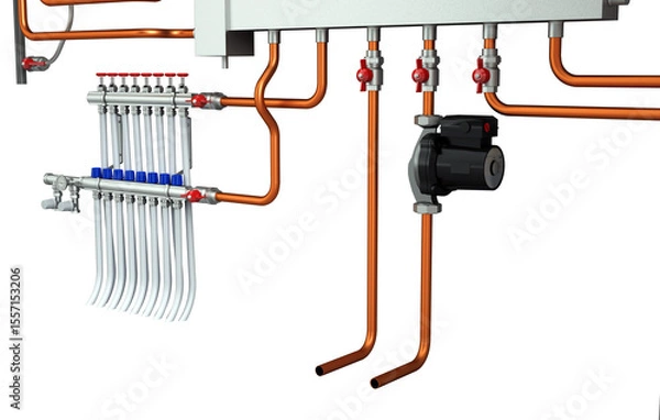 Obraz 3D Rendering of Industrial Boiler Room Interior with Pipes, Valves, Machinery and Heating System Equipment
